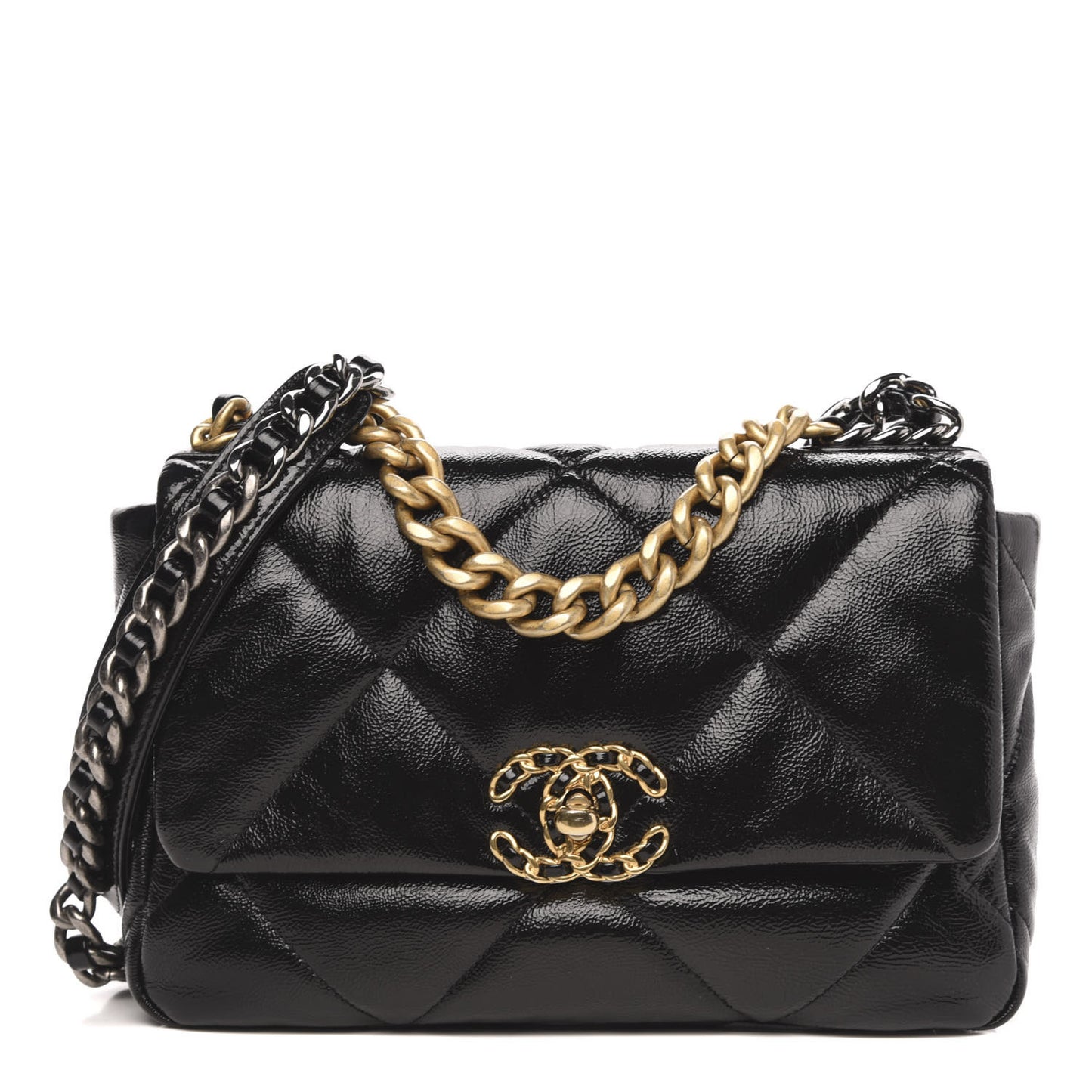 Shiny Crumpled Calfskin Quilted Medium 19 Flap Black