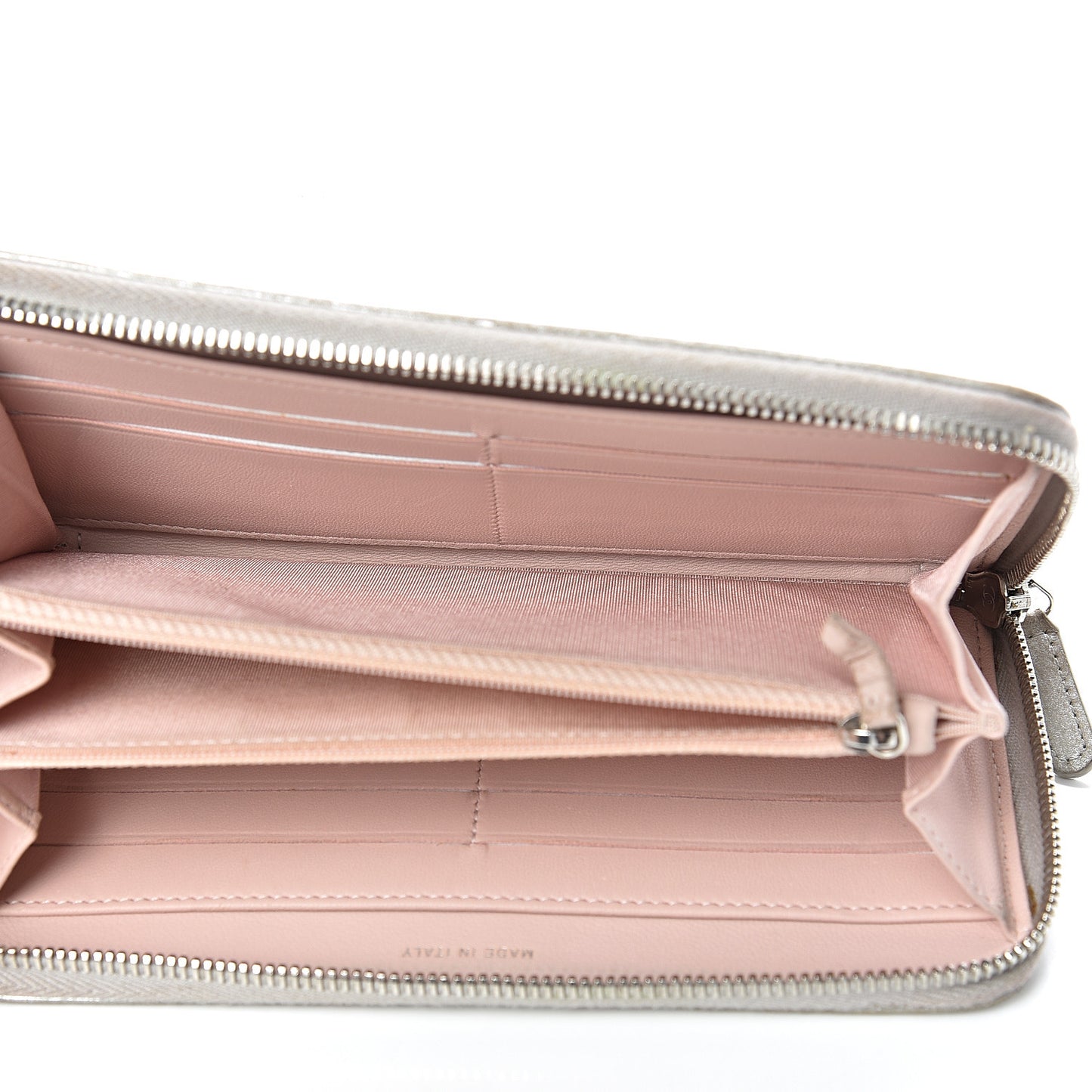 Metallic Calfskin Large Zip Around Wallet Silver