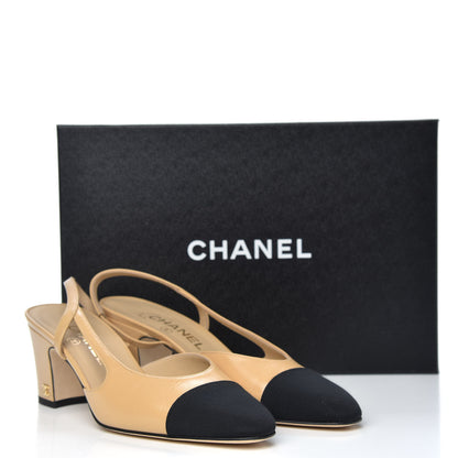 Chanel Goatskin Grosgrain Cap Toe CC Slingback Sandals 38 Beige Black 9 of 9