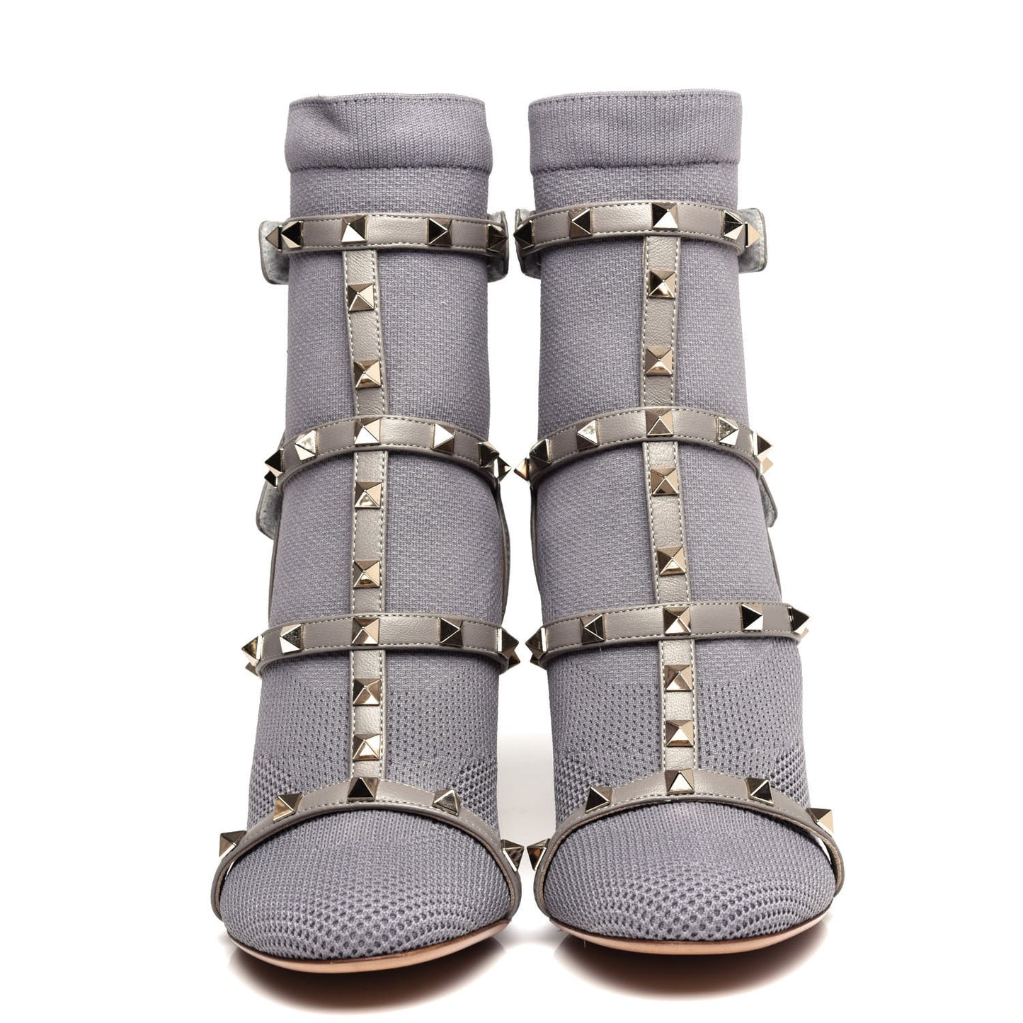 Calfskin Knit Rockstud Bodytech Sock Booties 37.5 Grey