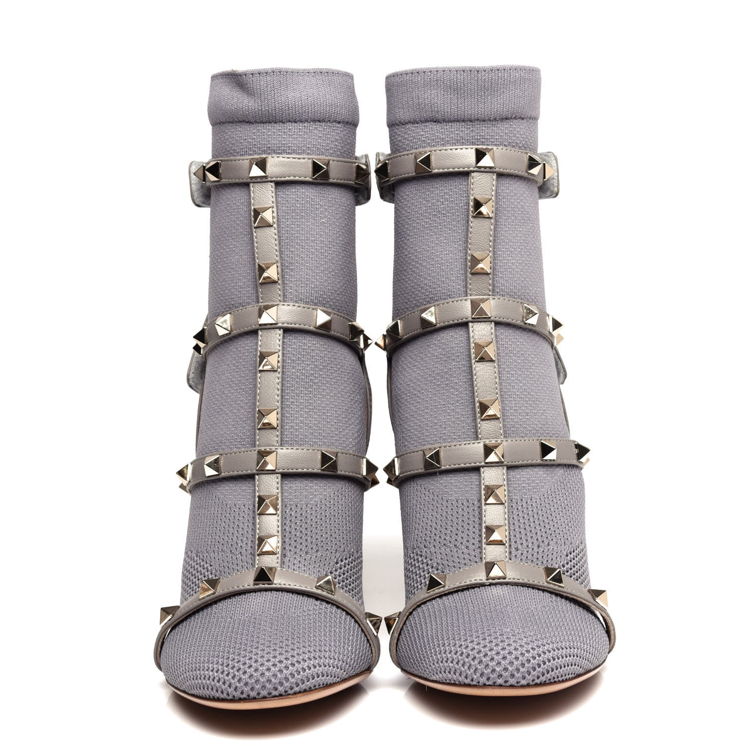 Valentino Garavani Calfskin Knit Rockstud Bodytech Sock Booties 37.5 Grey 5 of 9