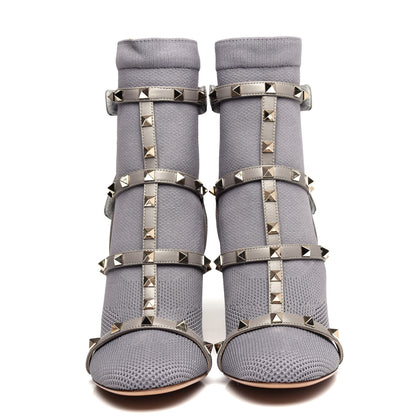 Valentino Garavani Calfskin Knit Rockstud Bodytech Sock Booties 37.5 Grey 5 of 9