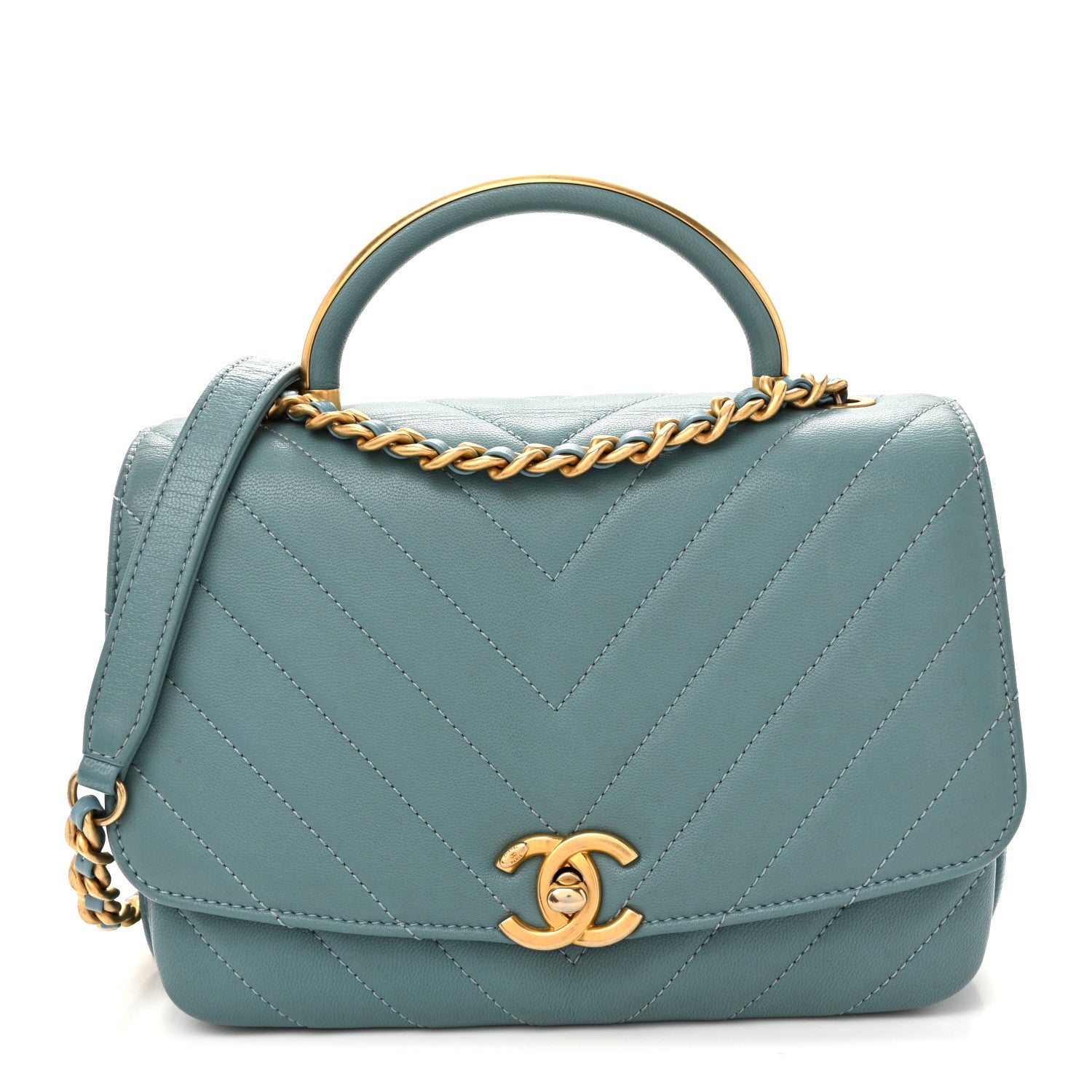 Chanel Lambskin Chevron Quilted Gold Top Handle Flap Bag Blue 1 of 11