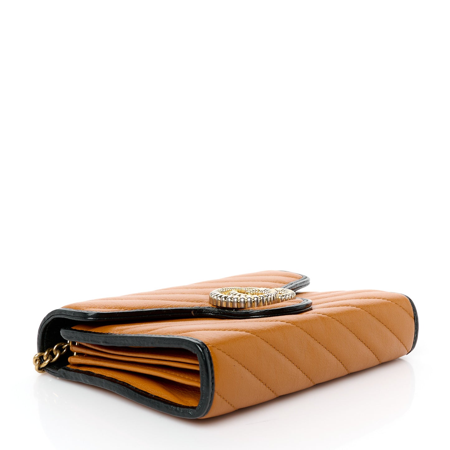 Vintage Effect Calfskin Matelasse Diagonal Torchon GG Marmont Chain Wallet Cognac