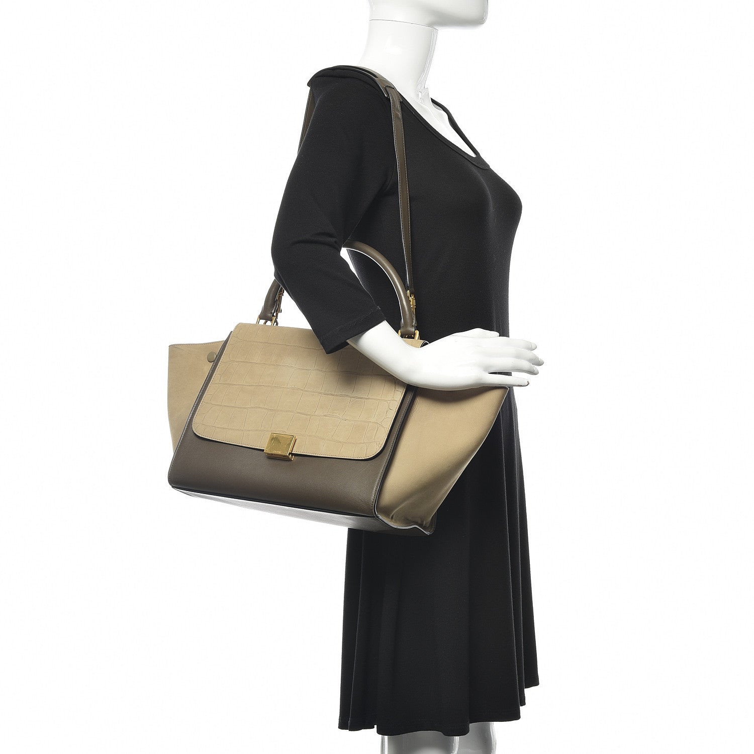 Celine Crocodile Embossed Calfskin Suede Medium Trapeze Taupe 2 of 19