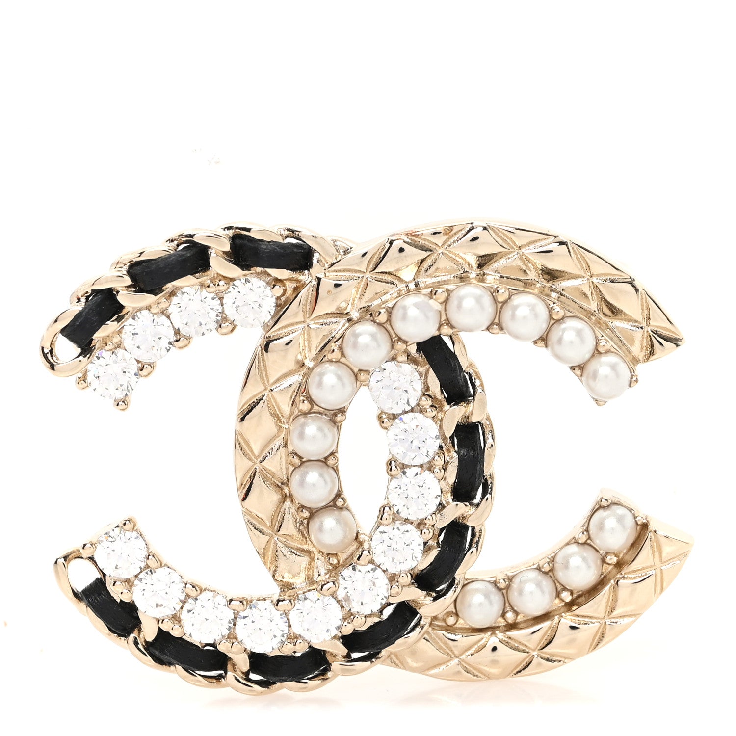 Chanel Lambskin Pearl Crystal Quilted CC Brooch Golden Pearly White Black 1 of 4