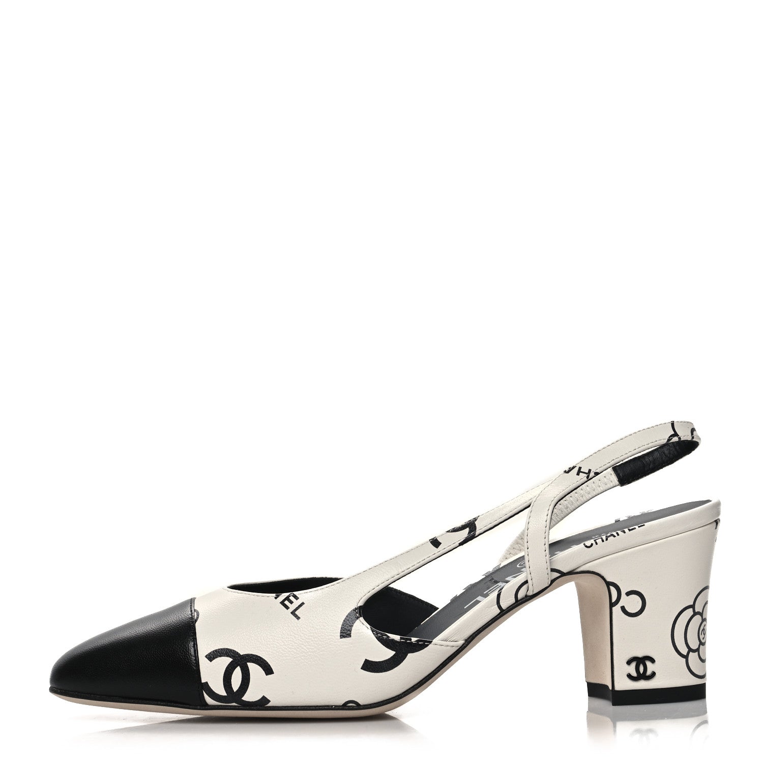 product image of CHANEL Printed Lambskin Cap Toe CC Slingback Pumps 37 Black White FASHIONPHILE