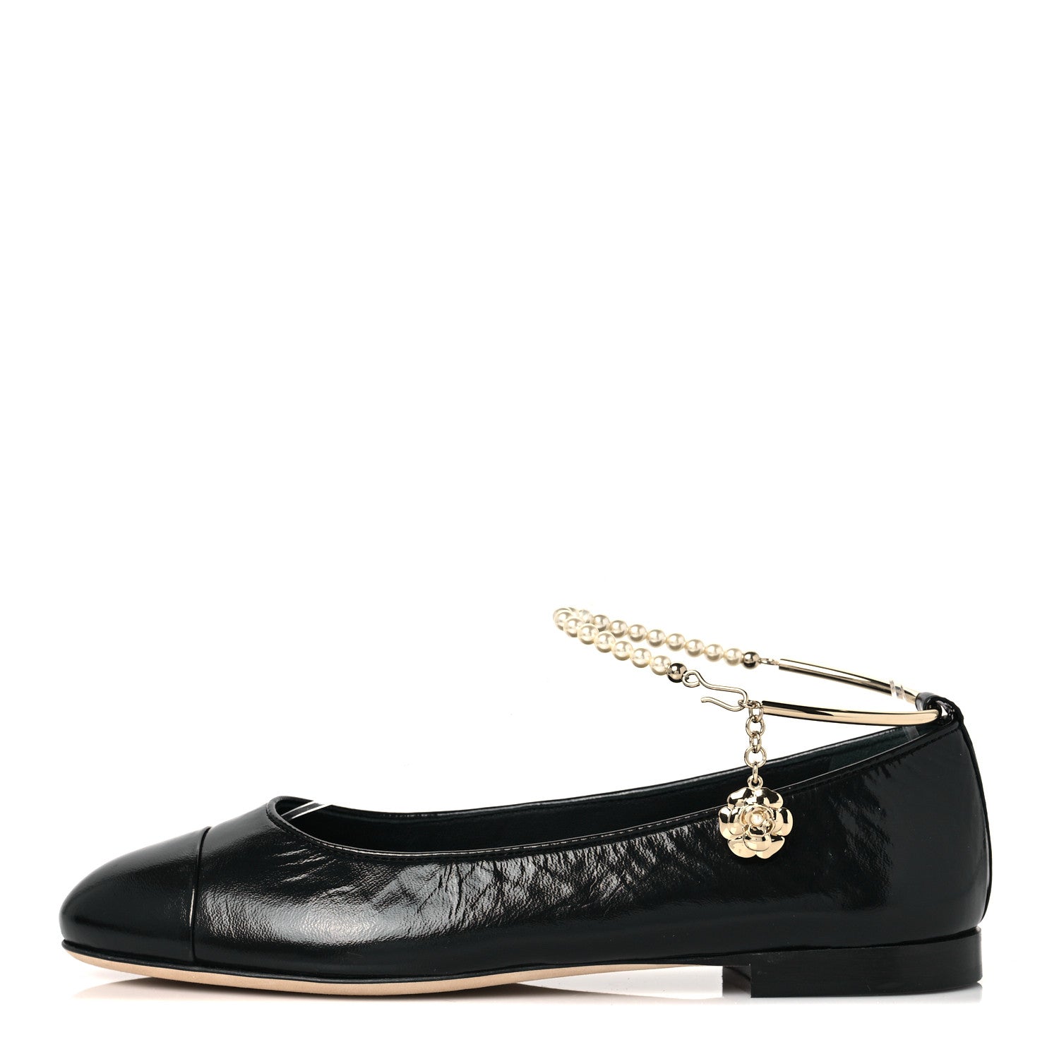 Chanel Lambskin Patent Calfskin Cap Toe Ankle Chain Ballerina Flats 39 Black 1 of 8