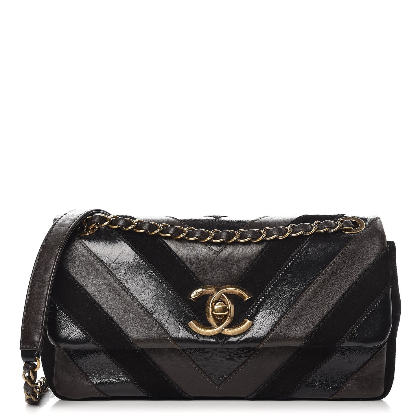 Suede Lambskin Glazed Calfskin Lady Vintage Chevron Flap Brown