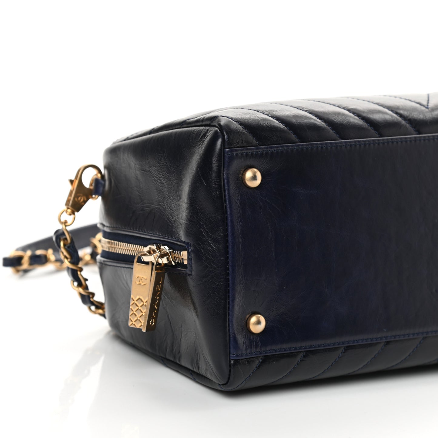 Glazed Calfskin Chevron Small Bowling Bag Navy