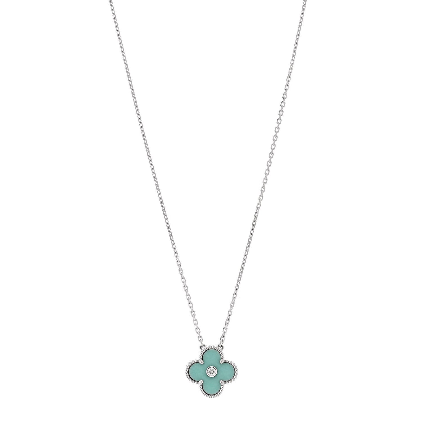 18K White Gold Diamond Celadon Green Sevres Porcelain Vintage Alhambra Pendant Necklace