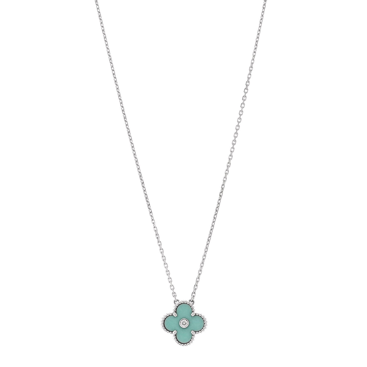 Van Cleef & Arpels 18K White Gold Diamond Celadon Green Sevres Porcelain Vintage Alhambra Pendant Necklace 1 of 6