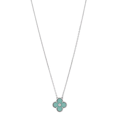 Van Cleef & Arpels 18K White Gold Diamond Celadon Green Sevres Porcelain Vintage Alhambra Pendant Necklace 1 of 6
