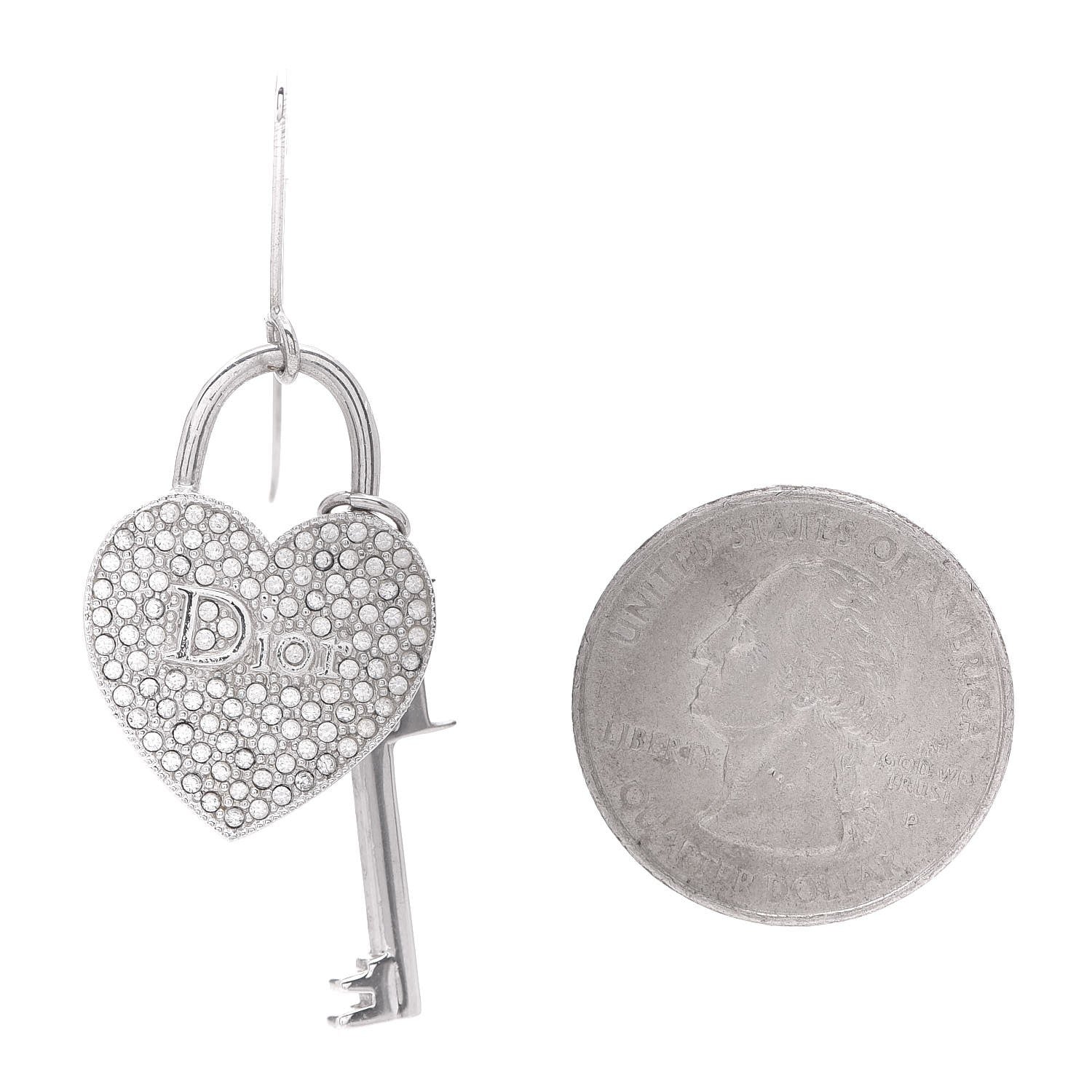 Christian Dior Crystal Trotter Romantique Heart Lock Earrings Silver 2 of 3