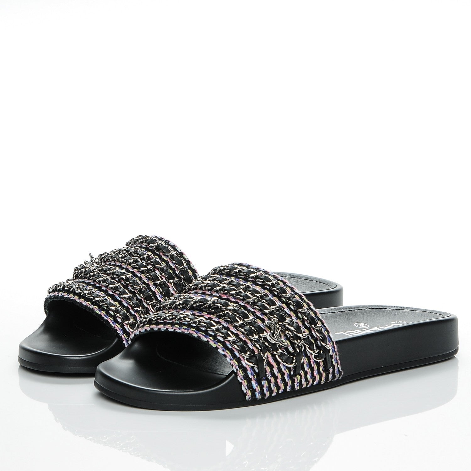 Chanel Tweed Lambskin Chain Flat Sandals 40 Black Multicolor 3 of 7