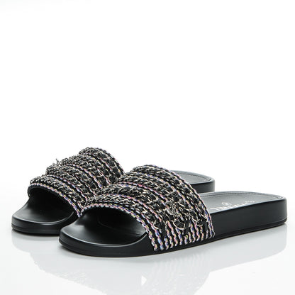 Chanel Tweed Lambskin Chain Flat Sandals 40 Black Multicolor 3 of 7