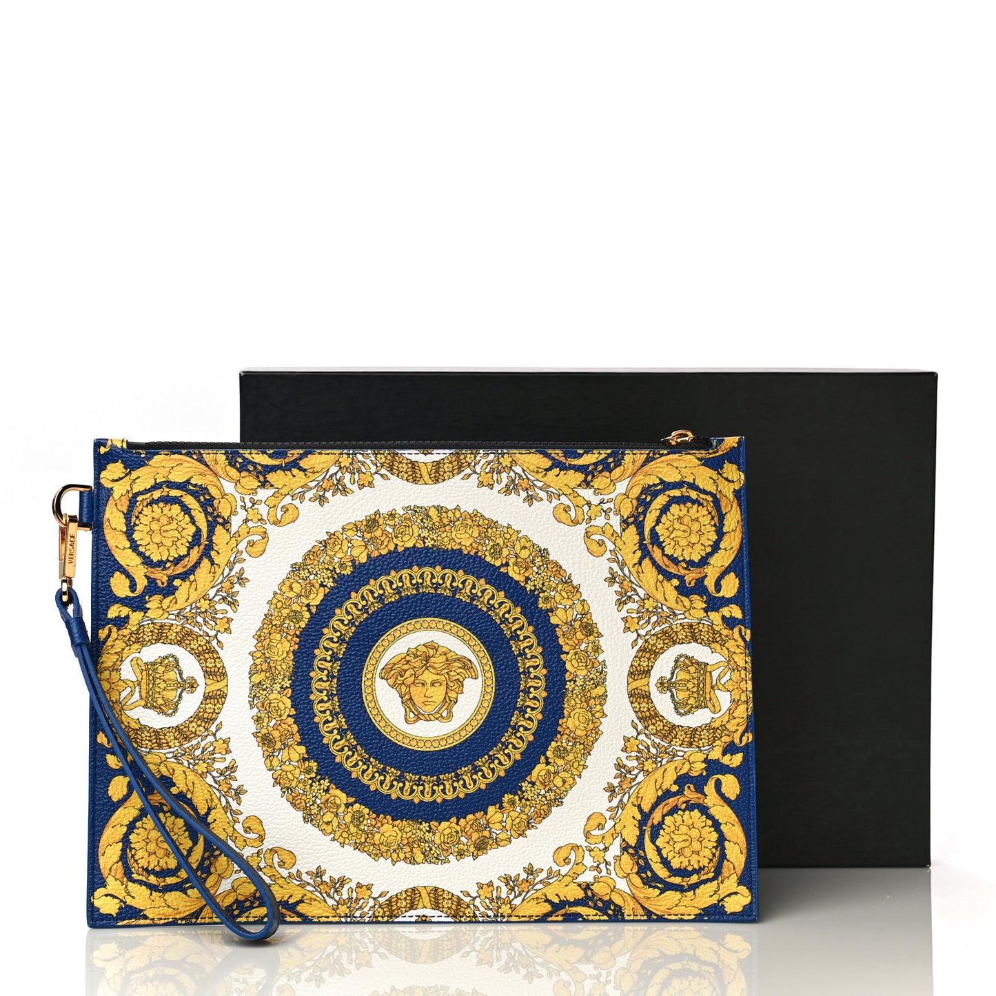 Grained Calfskin Baroque Print Zip Pouch Blue
