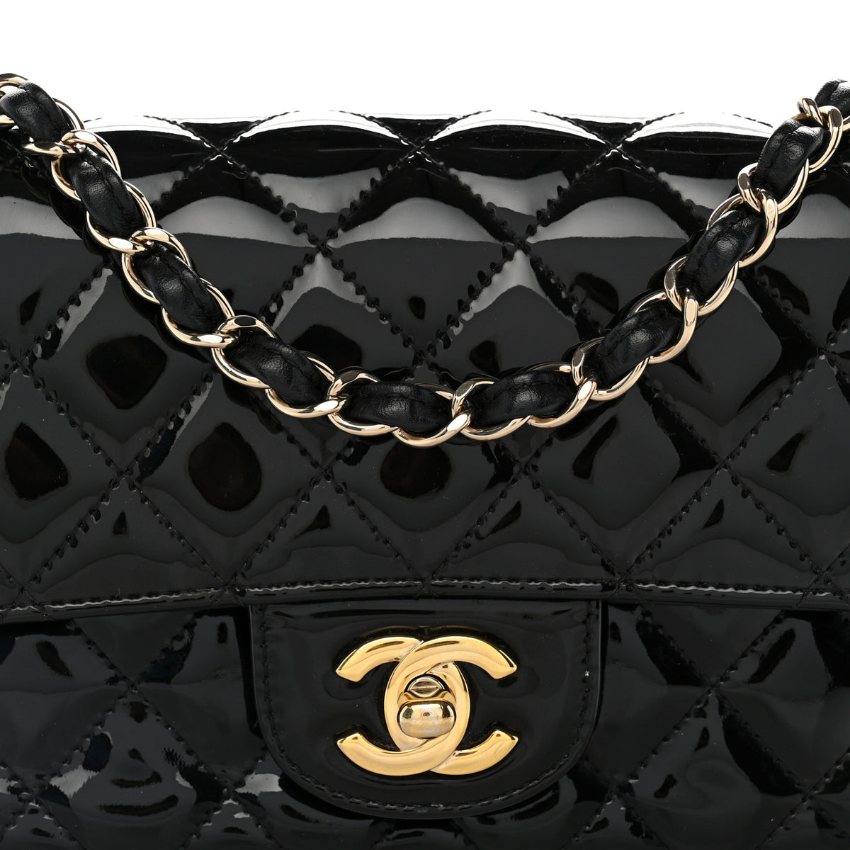 Patent Calfskin Quilted Mini Rectangular Flap Black