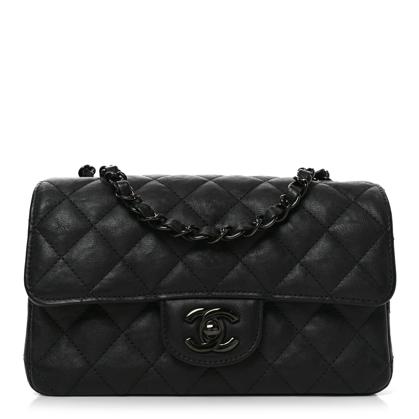 Crumpled Calfskin Quilted Mini Rectangular Flap So Black