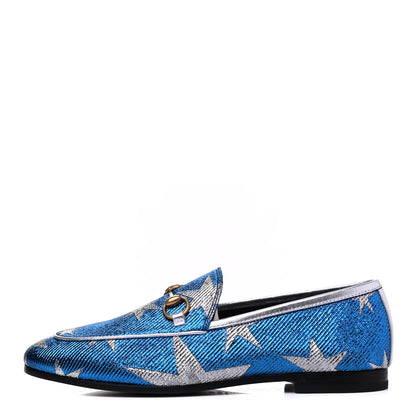 Gucci Lurex Calfskin Starry Sky Womens Jordaan Loafers 36 Bluette Silver 1 of 14