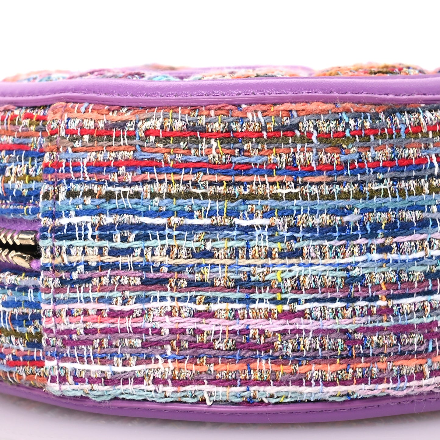 Tweed Quilted Round Filigree Clutch With Chain Purple Multicolor