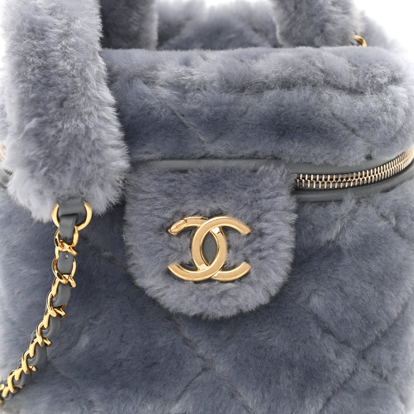 Shearling Lambskin Quilted Small Vanity Case Grey