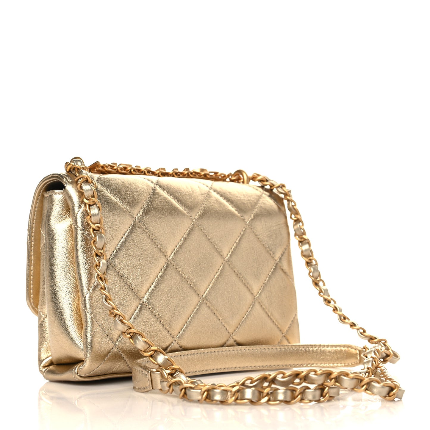 Metallic Lambskin Quilted Mini CC Crystal Logo Chain Flap Gold
