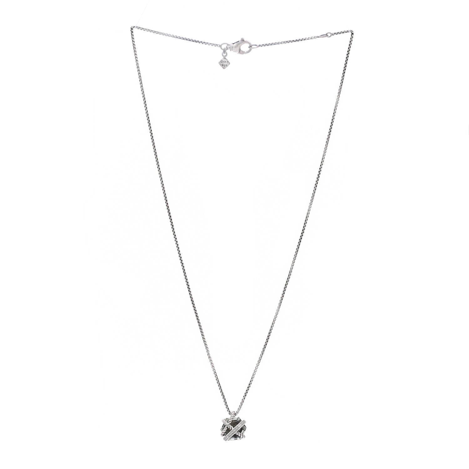 David Yurman Sterling Silver Diamond Prasiolite 10mm Petite Cable Wrap Pendant Necklace 3 of 5