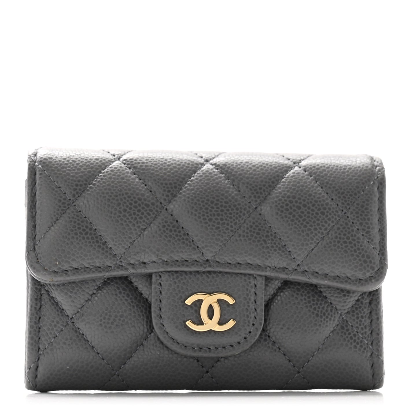 Caviar Quilted Flap Card Holder Wallet Dark Grey