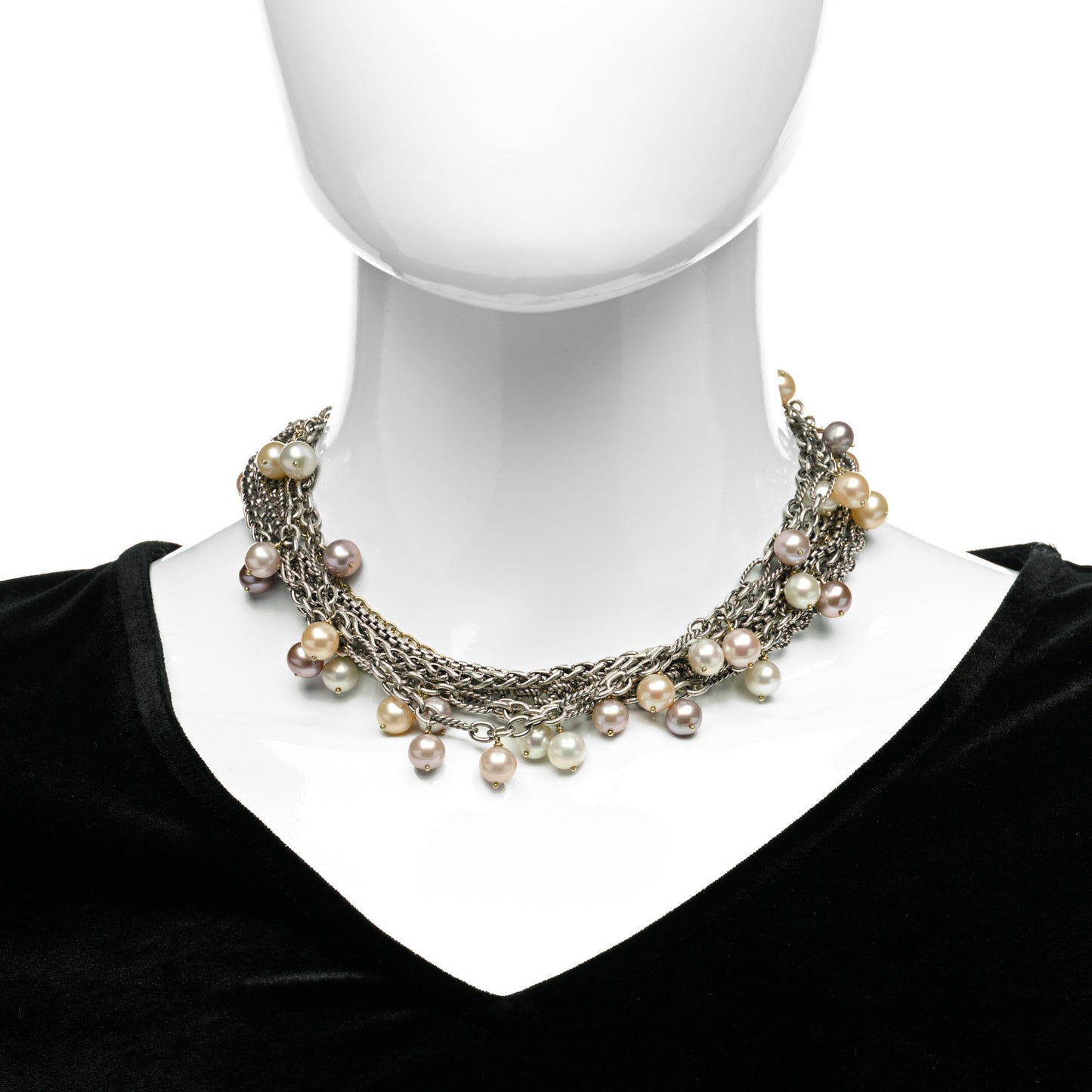 Sterling Silver 18K Yellow Gold Pearl 8-8.5mm Multi Strand Chain Necklace