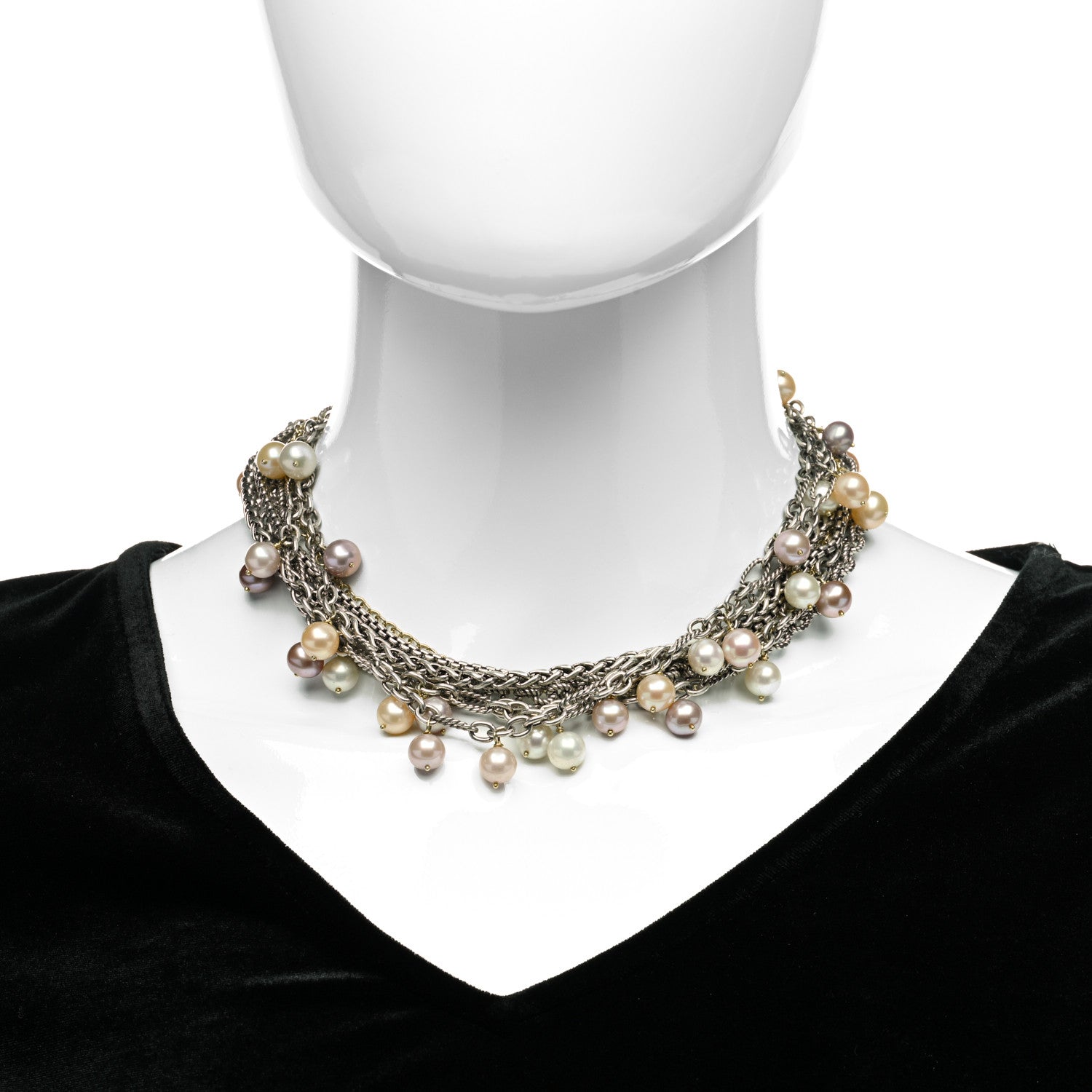 David Yurman Sterling Silver 18K Yellow Gold Pearl 8-8.5mm Multi Strand Chain Necklace 2 of 5