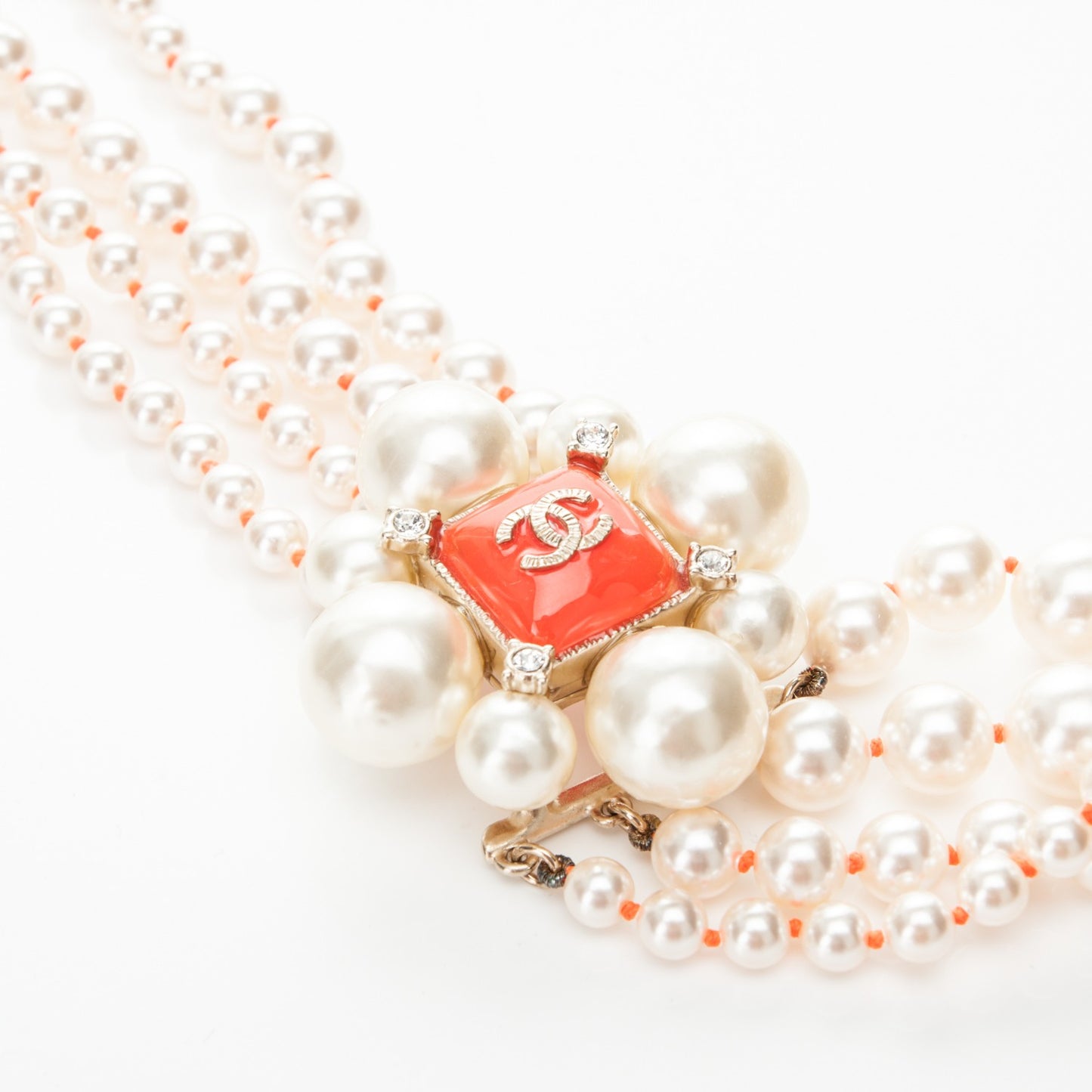 Pearl Crystal Gripoix CC Multi Strand Necklace Orange Gold