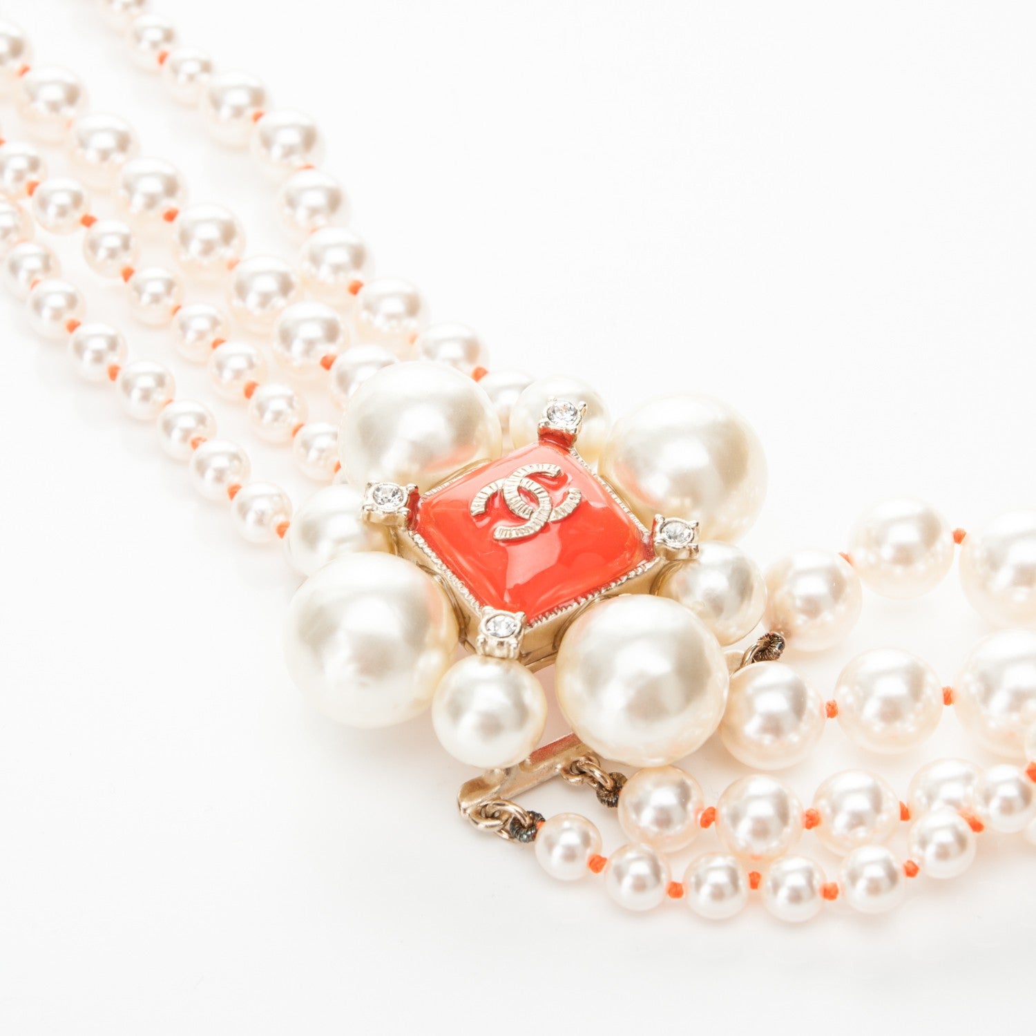 Chanel Pearl Crystal Gripoix CC Multi Strand Necklace Orange Gold 4 of 5