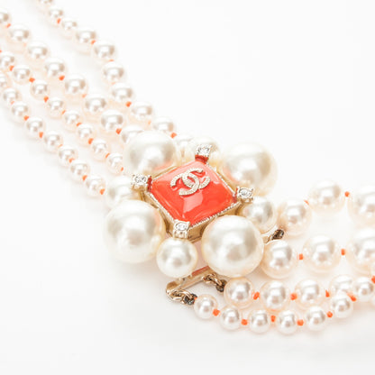 Chanel Pearl Crystal Gripoix CC Multi Strand Necklace Orange Gold 4 of 5