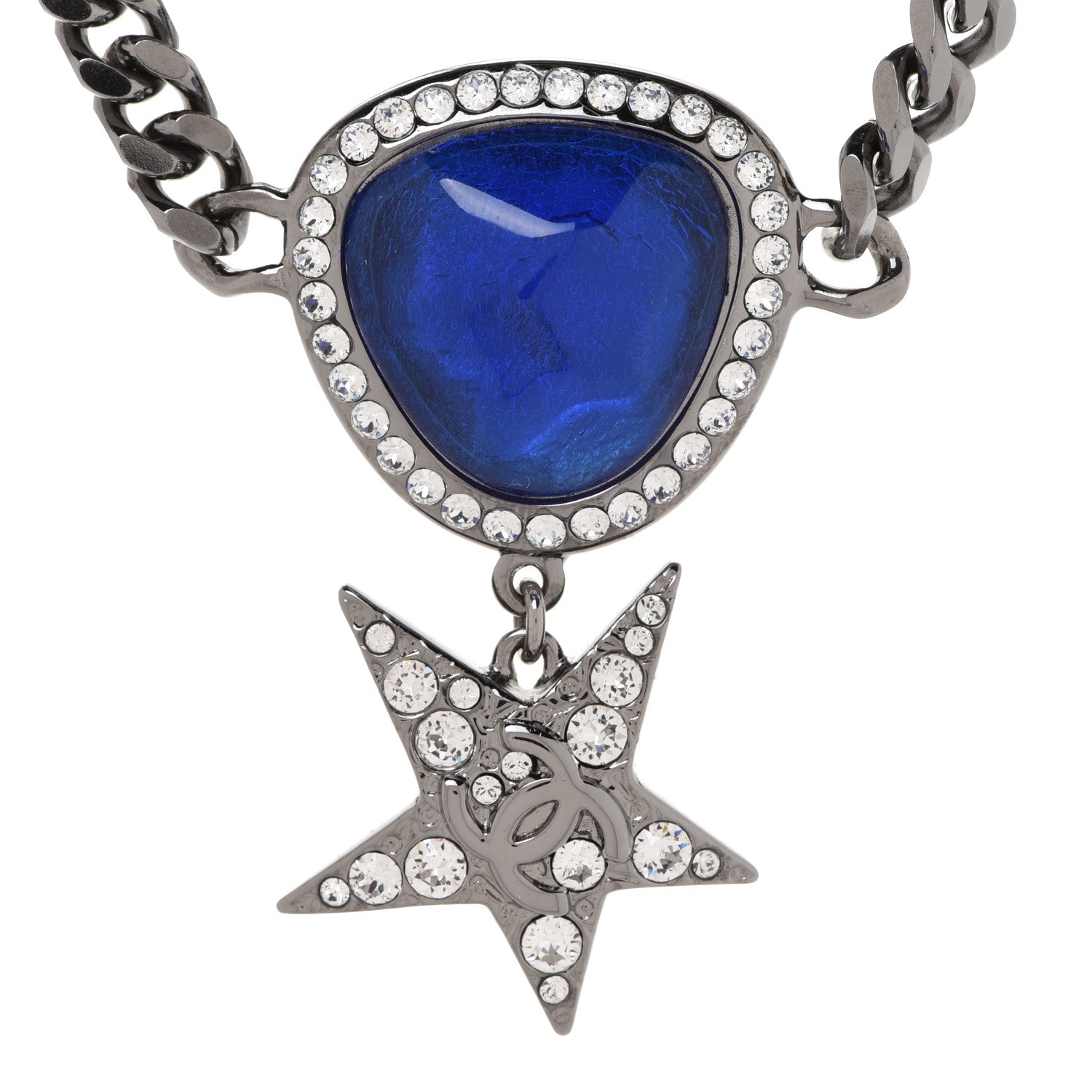 Chanel Crystal Star CC Choker Drop Necklace Silver Blue 4 of 6