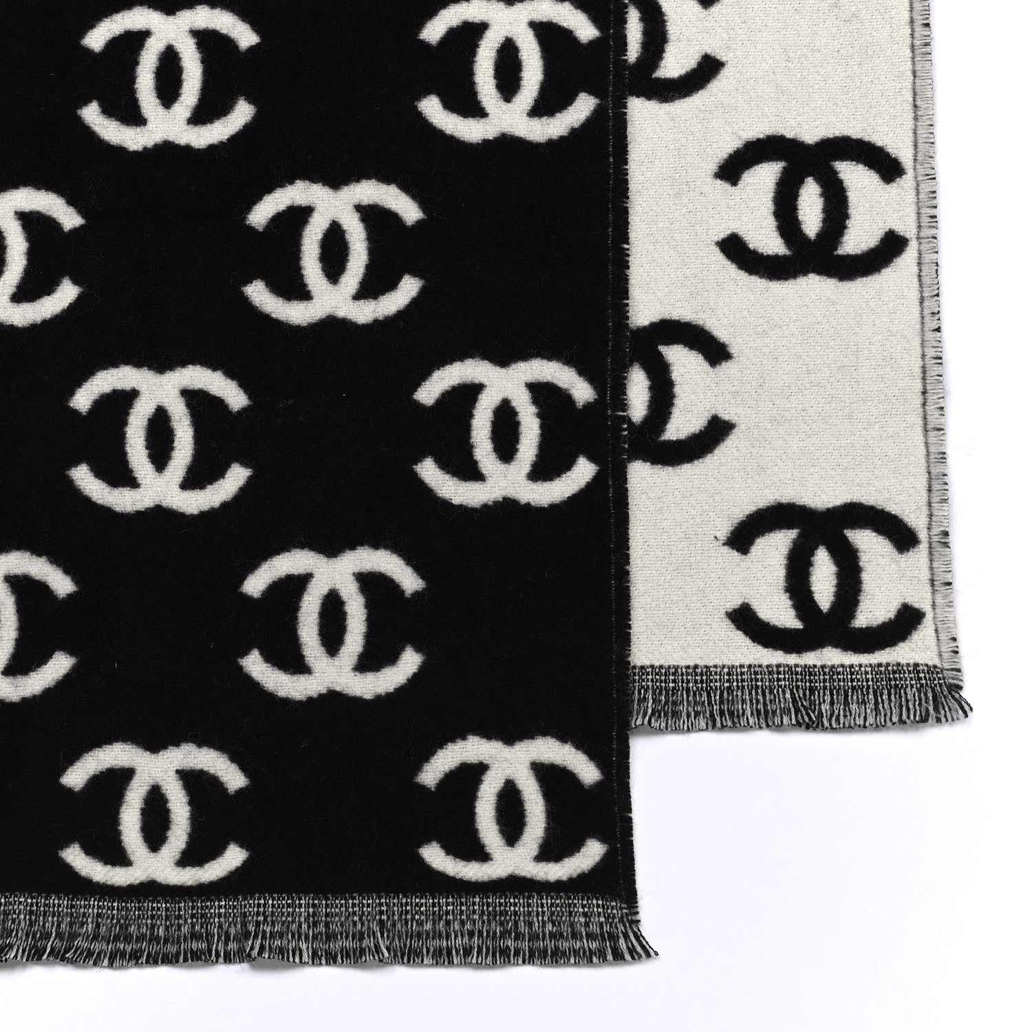 Chanel Wool Cashmere CC Scarf Black White 3 of 4