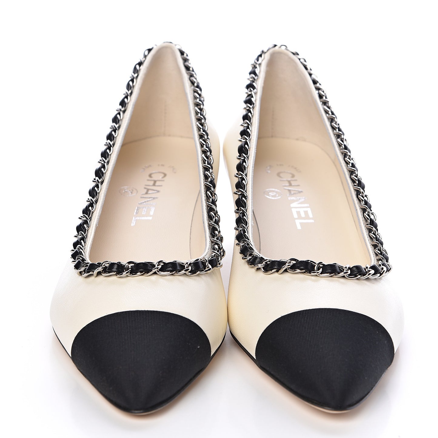 Lambskin Grosgrain Chain Cap Toe Pumps 38 Ivory Black