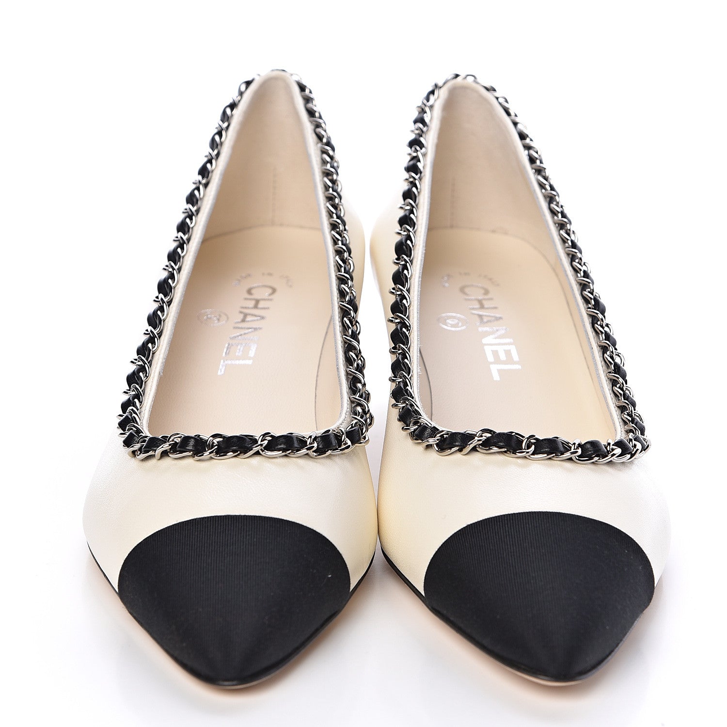 Chanel Lambskin Grosgrain Chain Cap Toe Pumps 38 Ivory Black 2 of 8