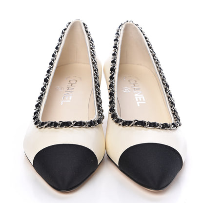 Chanel Lambskin Grosgrain Chain Cap Toe Pumps 38 Ivory Black 2 of 8