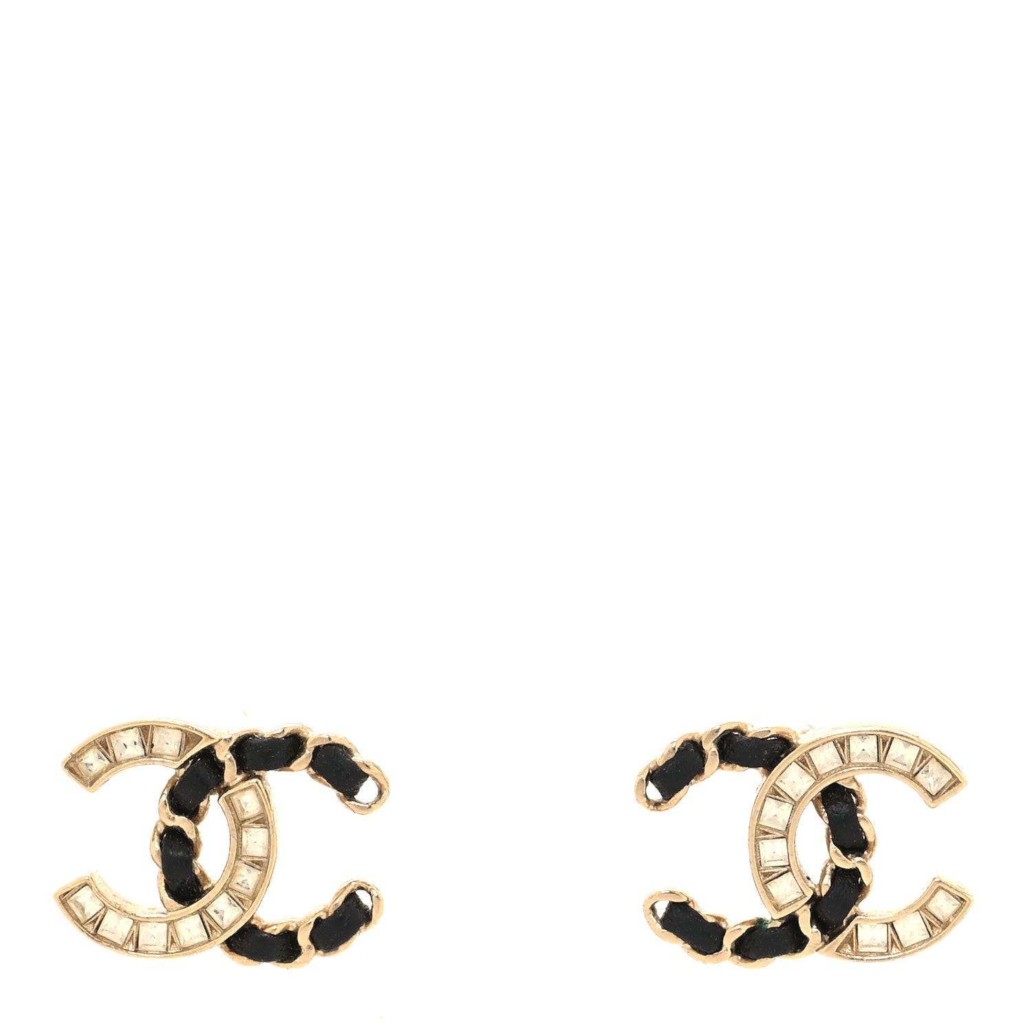 Chanel Crystal Baguette Lambskin Chain CC Vintage Allure Stud Earrings Black Gold 1 of 4