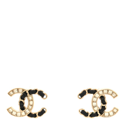Chanel Crystal Baguette Lambskin Chain CC Vintage Allure Stud Earrings Black Gold 1 of 4