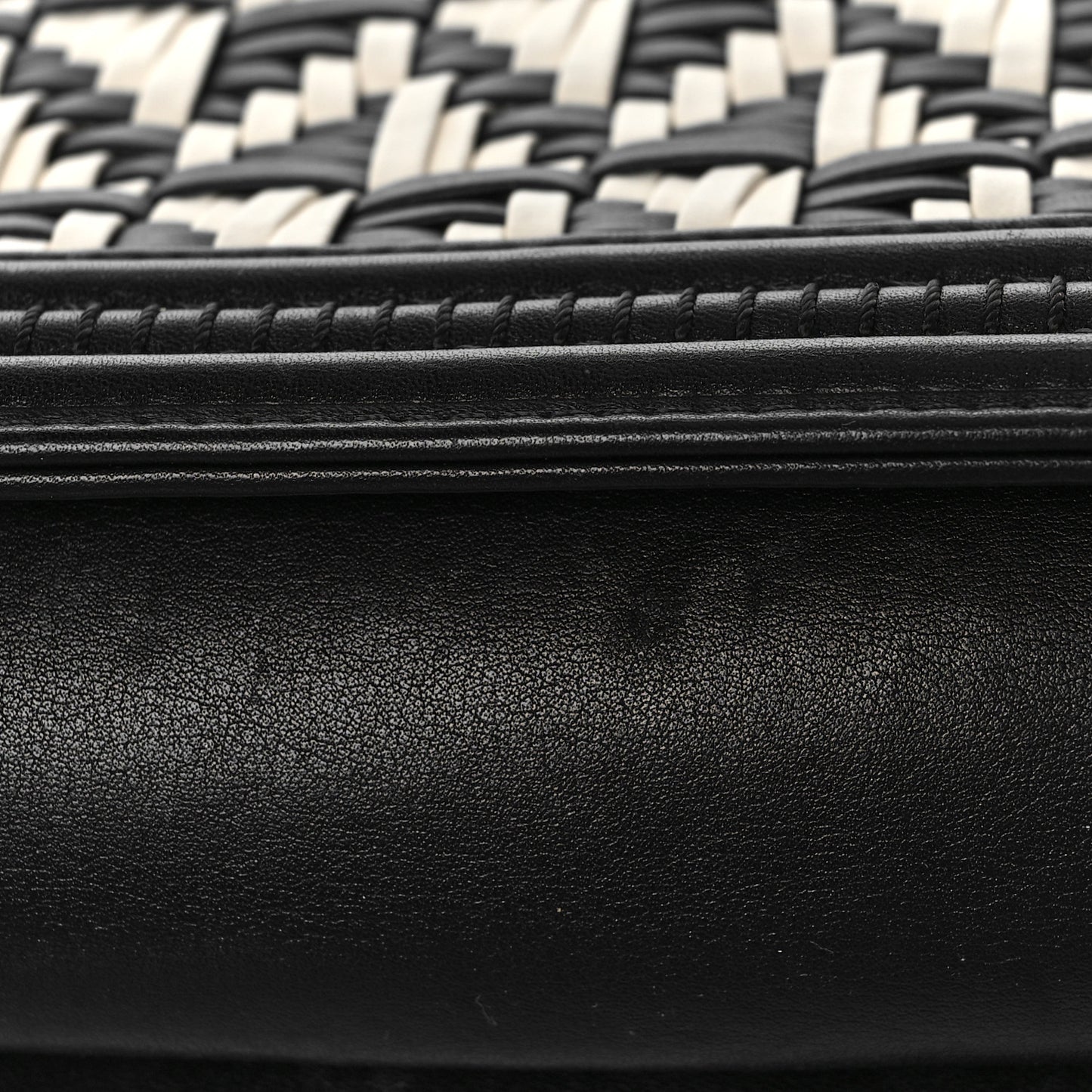 Calfskin Woven Small Boy Flap Black White