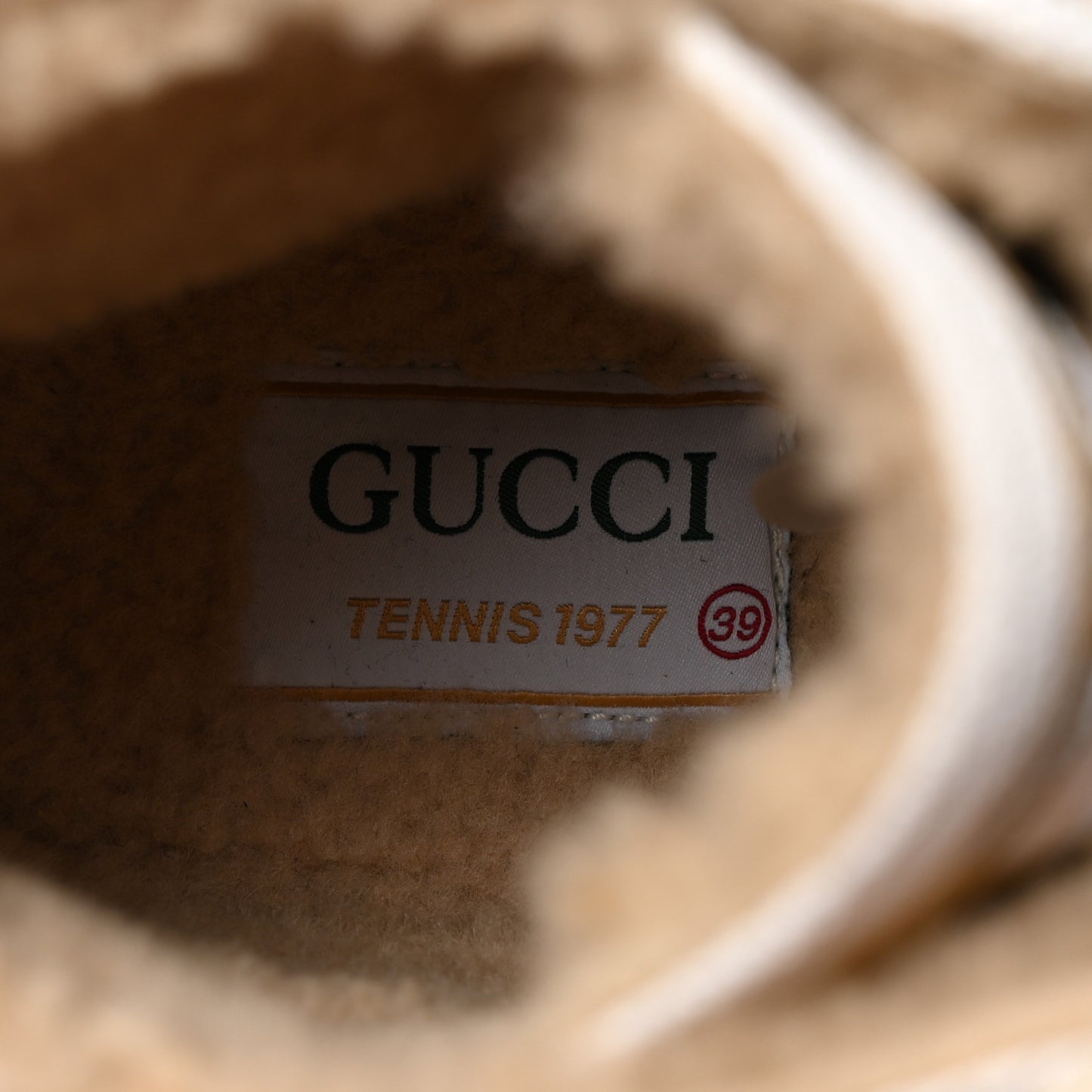 Suede Shearling Web GG Monogram Embossed Womens 1977 Tennis High Top Sneakers 39 Butterscotch Mystic White