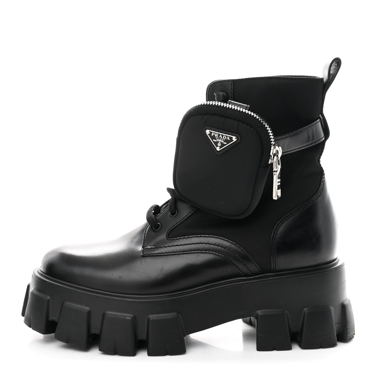 Prada Spazzolato Rois Nylon Metal Triangle Logo Monolith Pouch Pocket 55mm Boots 39 Black 1 of 9