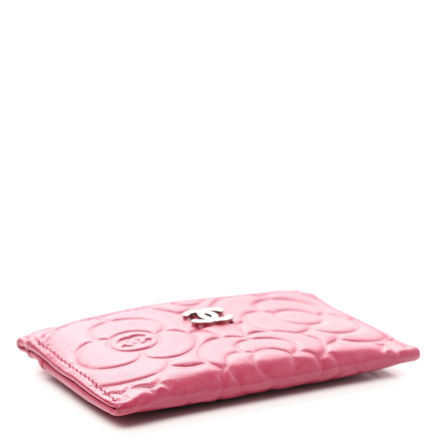 Lambskin Camellia Embossed Card Holder Fuchsia
