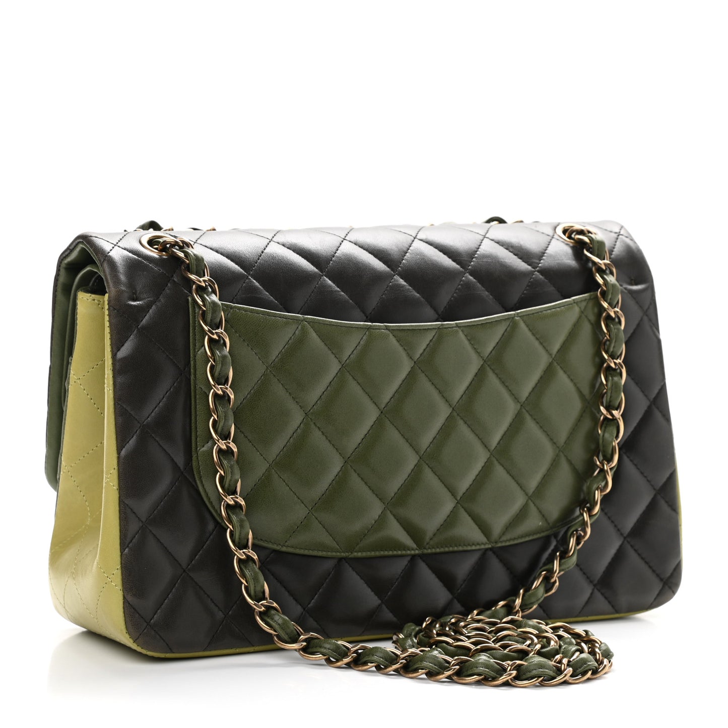 Lambskin Quilted Tri-Color Jumbo Double Flap Green Brown