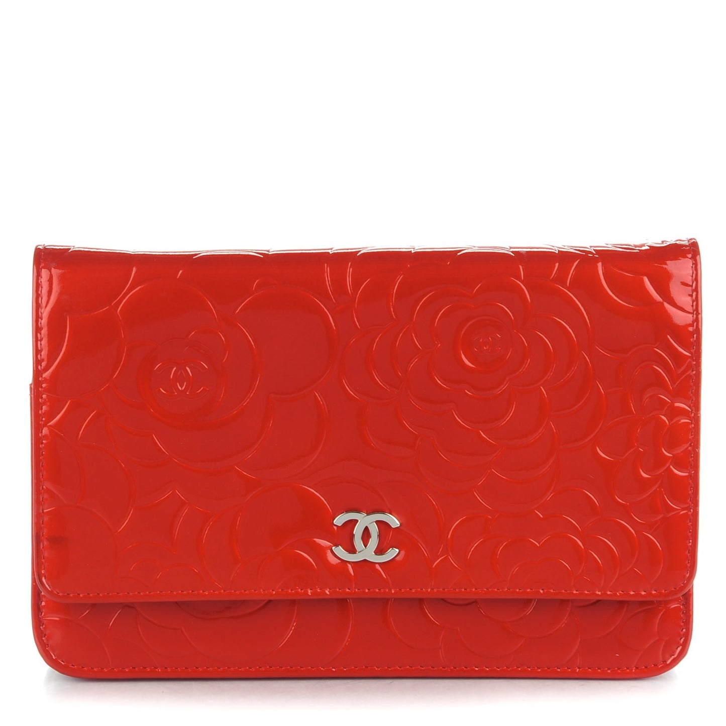 Patent Camellia Embossed Wallet On Chain WOC Dark Red
