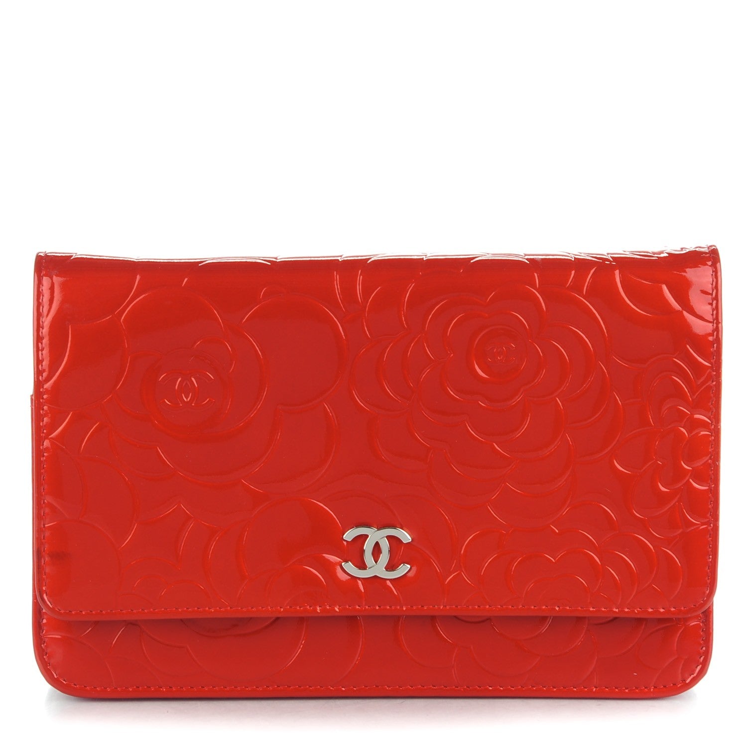 Chanel Patent Camellia Embossed Wallet On Chain WOC Dark Red 1 of 8