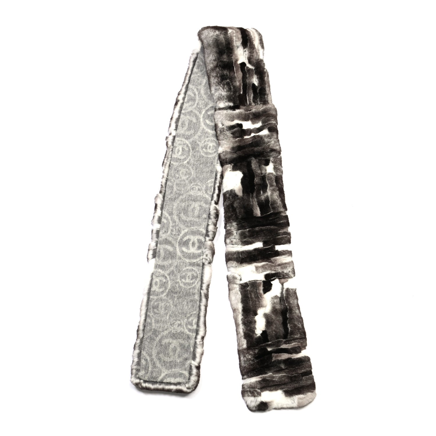 Chanel Cashmere Rabbit Fur CC Scarf Brown White 2 of 4