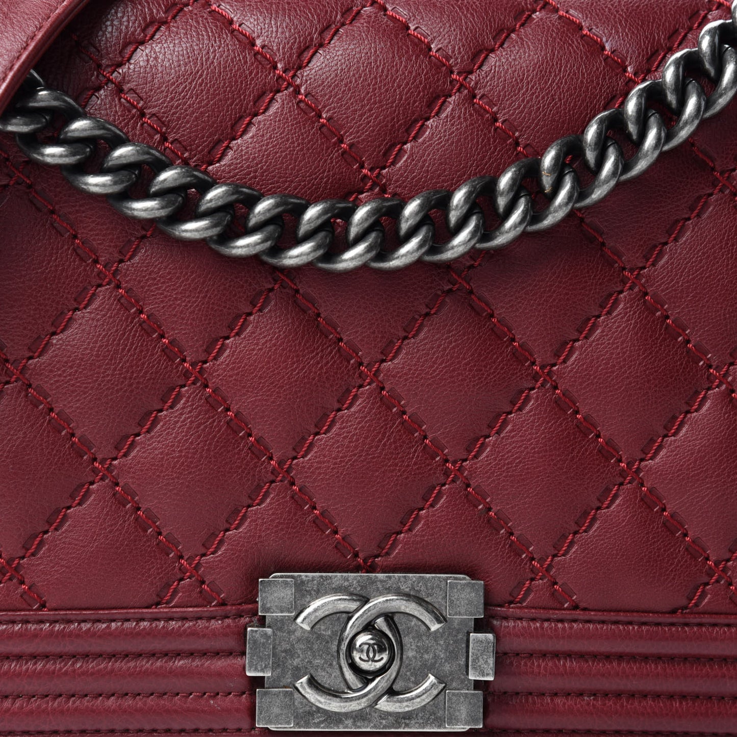Calfskin Quilted Double Stitch New Medium Boy Flap Burgundy